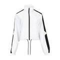 Women's white windbreaker jacket with black zip, stand collar, and drawstring hem