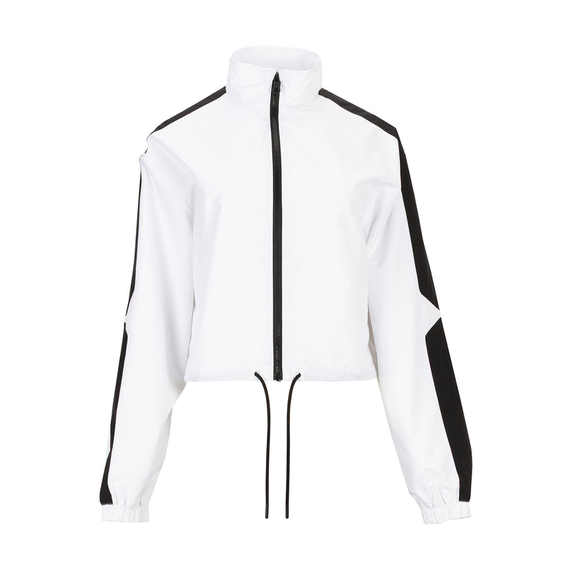 Women's white windbreaker jacket with black zip, stand collar, and drawstring hem