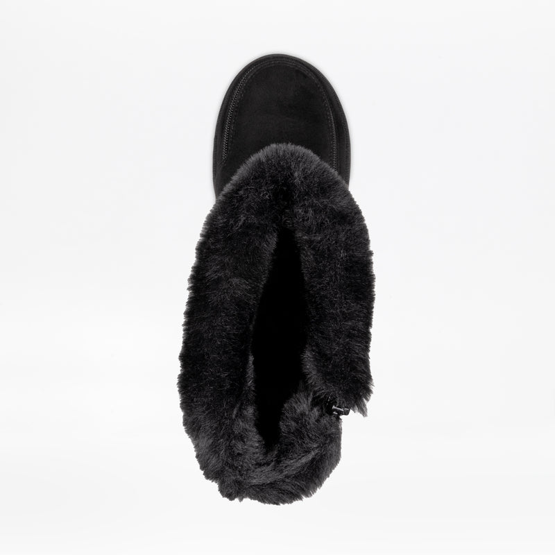Top view of the Women's Black BILLY Cozy II boot by BILLY Footwear against a white background, showing the soft black flannel lining through the open zipper.