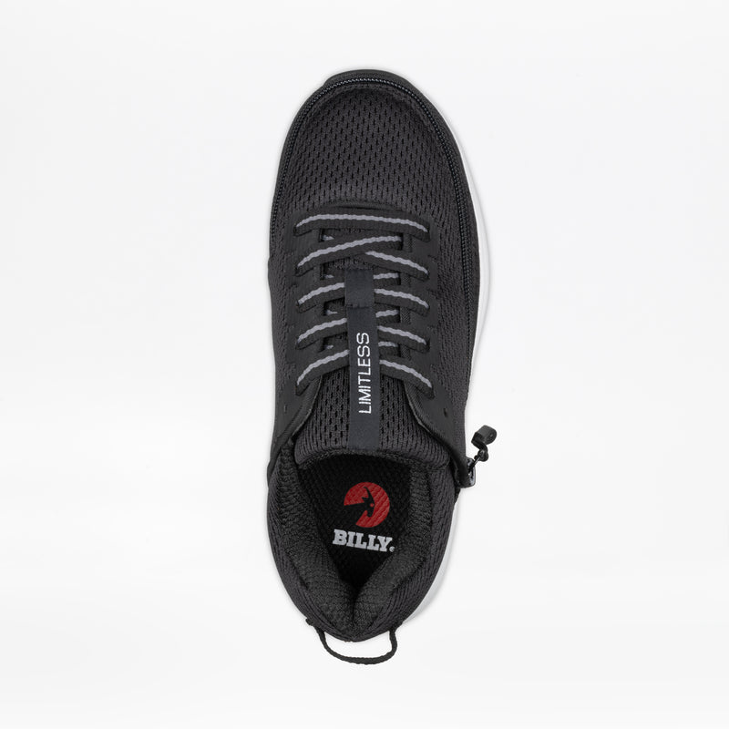 Top view of the Women's Black BILLY Limitless shoe by BILLY Footwear, featuring mesh fabric, gray laces, a LIMITLESS tag, red insole logo, and an easy-access side zipper for convenient on/off.
