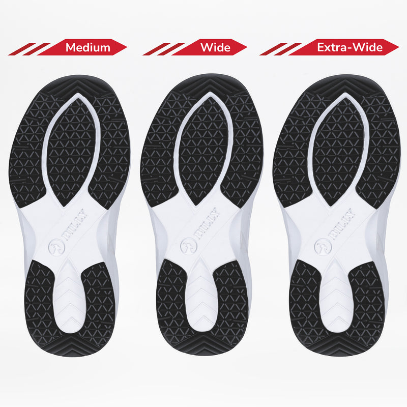 Three Women's Black BILLY Limitless sneaker soles by BILLY Footwear—Medium, Wide, and Extra-Wide—are shown side by side, highlighting the increasing width and size for adjustable depth or sensory friendly shoes.