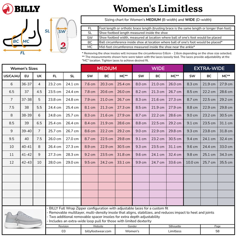Billy Women's Limitless shoe size chart with measurement guide