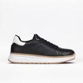 The Women's Black Leather BILLY Comfort Luxe sneaker by BILLY Footwear, shown in side profile on a plain white background, features black leather, black laces, a white sole, and a white heel accent.