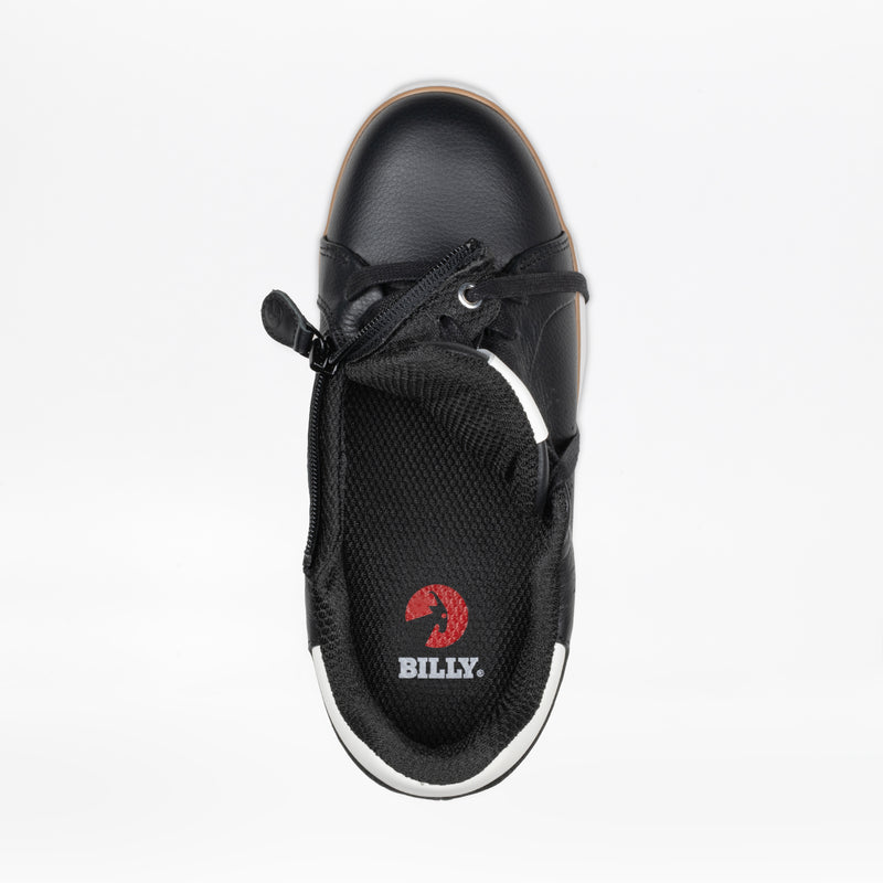 Top view of the Women’s Black Leather BILLY Comfort Luxe by BILLY Footwear, featuring a side zipper revealing the interior, red BILLY logo on the insole, black laces, and a white sole edge for modern comfort.