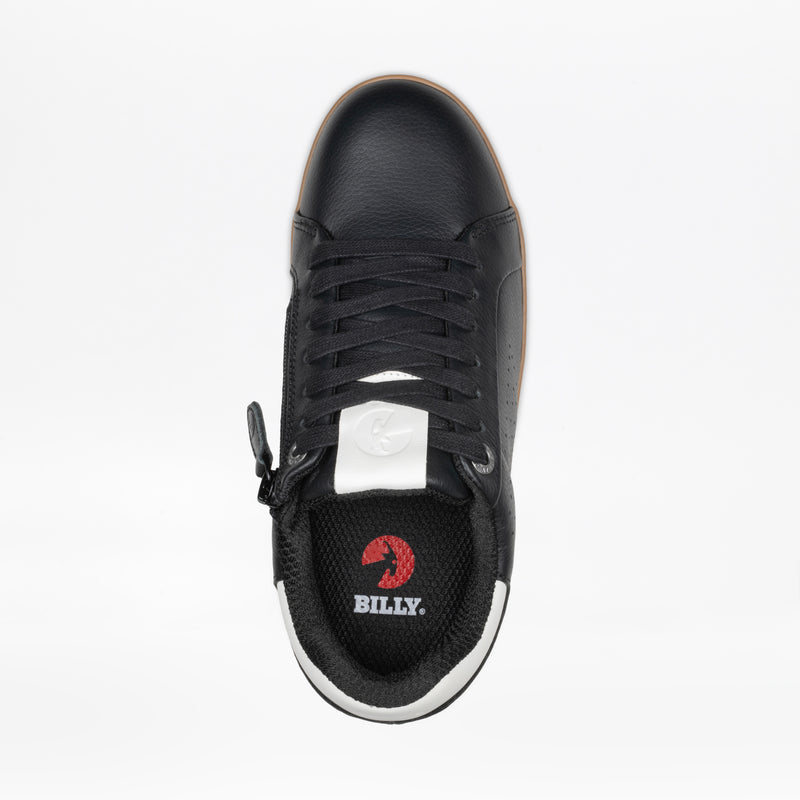 Top view of the Women's Black Leather BILLY Comfort Luxe sneaker by BILLY Footwear, featuring black laces, a side zipper, white tongue label, and insole with red and white BILLY logo—all set against a plain white background.