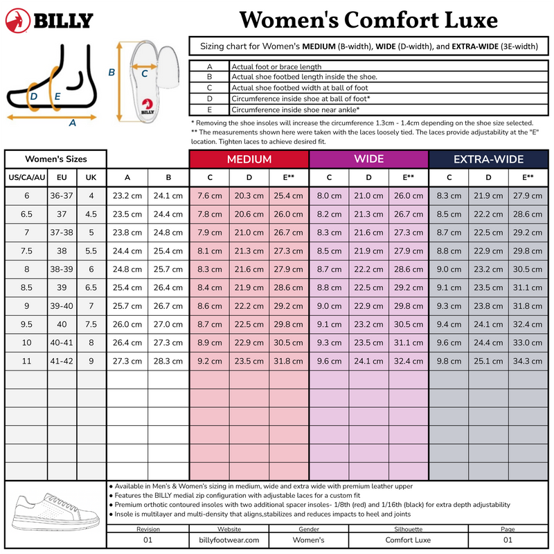 Sizing chart for Women's Black Leather BILLY Comfort Luxe by BILLY Footwear: US/CA/AU, UK, EU sizes, foot length (cm), Medium/Wide/Extra-Wide widths, shoe diagram, and sensory-friendly fitting instructions.