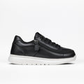The Women's Black Leather BILLY Comfort Plush sneaker by BILLY Footwear features black laces, a wraparound zipper, and a thick white sole, displayed in profile on a plain white background.