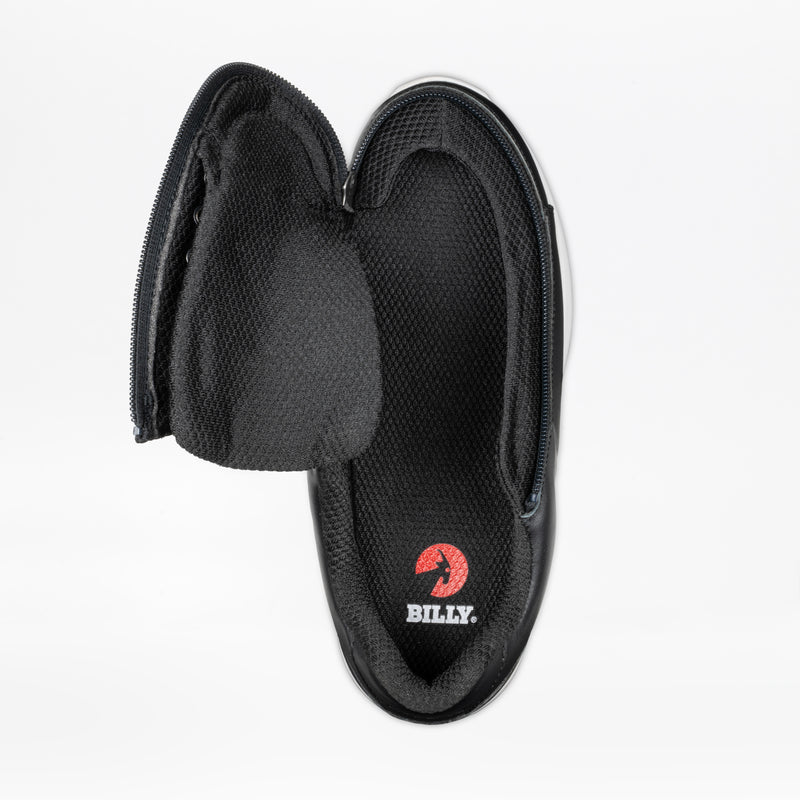Top view of the Women's Black Leather BILLY Comfort Plush by BILLY Footwear, featuring an unzipped upper, spacious interior, Comfort Plush insole, and signature Wraparound Zipper for easy access.