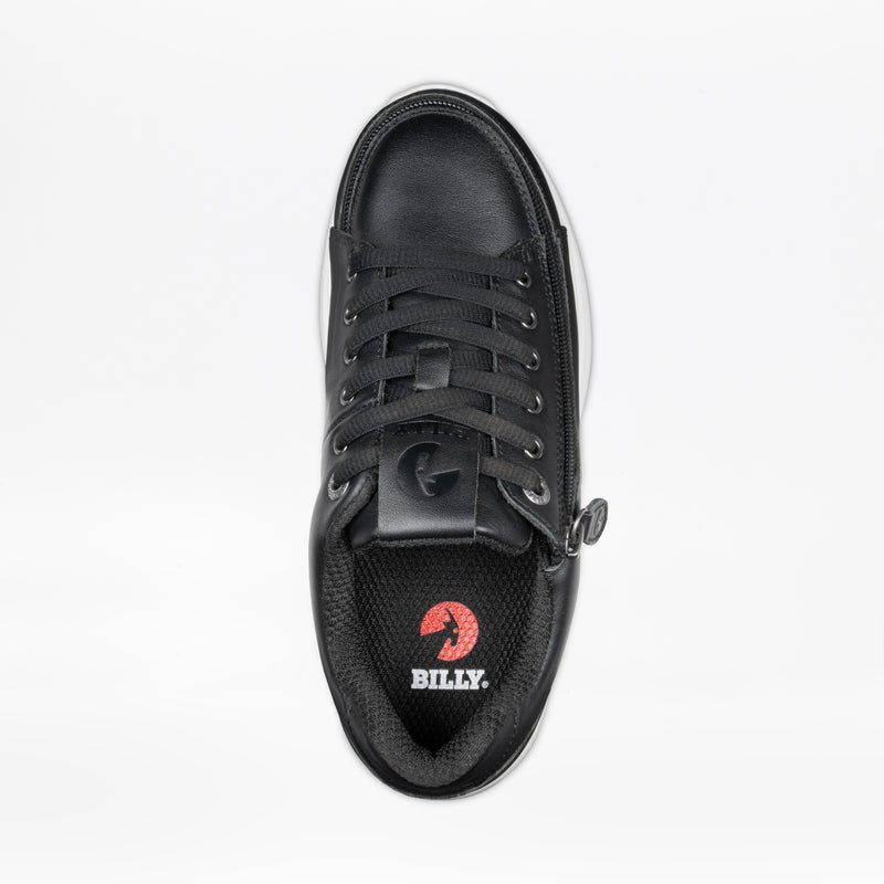 Top view of the Women's Black Leather BILLY Comfort Plush by BILLY Footwear, featuring black laces, a wraparound zipper, and a black interior with the white and red BILLY logo on the Comfort Plush insole, set against a white background.