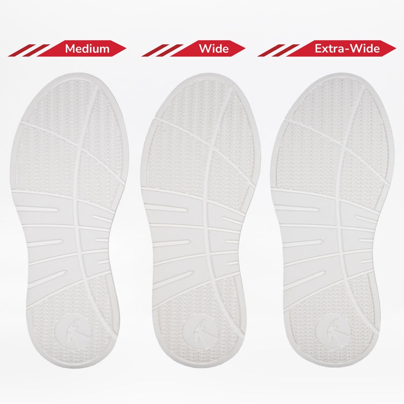 Three black Women's Leather BILLY Comfort Plush insoles by BILLY Footwear, labeled Medium, Wide, and Extra-Wide, are shown side by side to illustrate the width differences for each size option.
