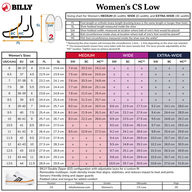 Sizing chart for BILLY Women's CS Low shoes with measurements and shoe size guide.