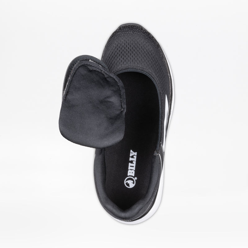 The Women's Black/White BILLY Sport Inclusion sneaker by BILLY Footwear features a mesh upper, white sole, open tongue, partially unzipped design revealing the comfy interior, and displays the BILLY logo on the insole.