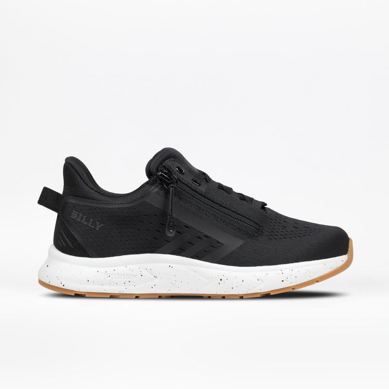 The Women's Black/White/Gum BILLY Sport Inclusion DZ1 by BILLY Footwear is a black athletic sneaker for women with double zippers, a white speckled sole, tan rubber outsole, and "BILLY" on the heel, shown against a white background.