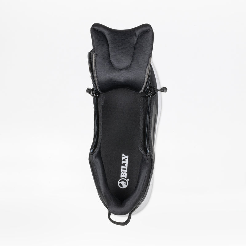 Top view of a Women's Black/White/Gum BILLY Sport Inclusion DZ1 sneaker by BILLY Footwear, with the upper unzipped to show the interior and insole logo. Designed for easy access, these women's athletic sneakers provide adaptive comfort.