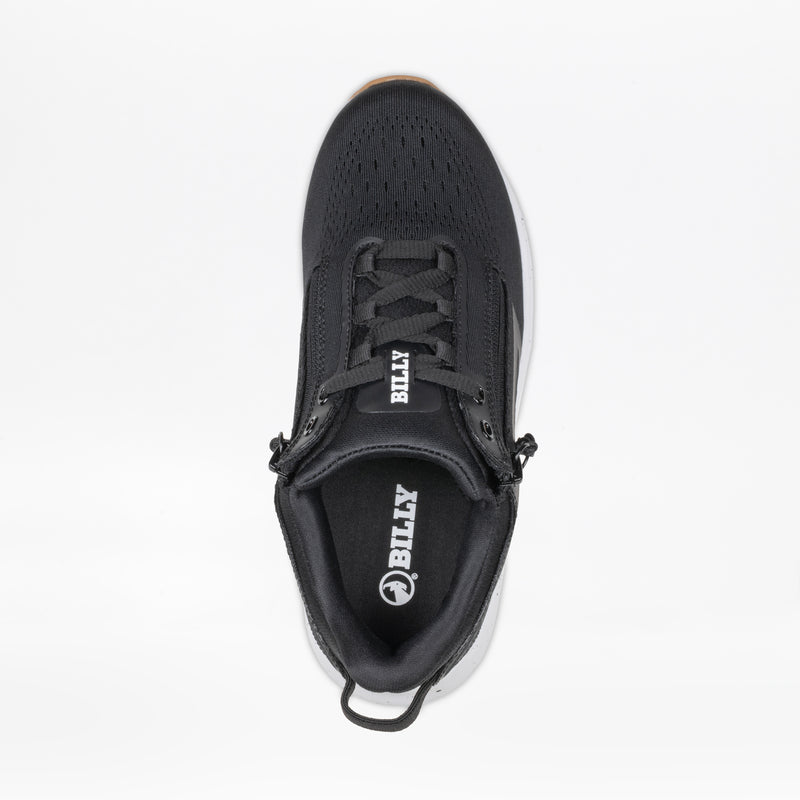 Top view of the Women's Black/White/Gum BILLY Sport Inclusion DZ1 by BILLY Footwear, a wide width sneaker with double zippers encircling the laces for easy access. The sneaker has BILLY branding on the tongue and insole, set against a plain white background.