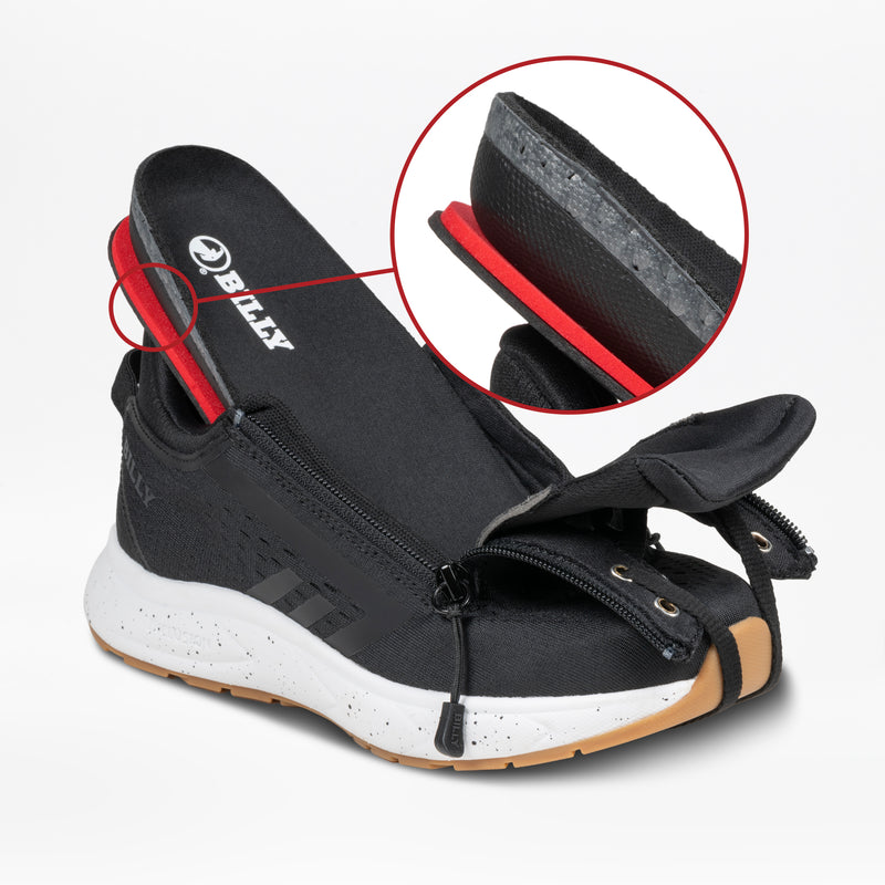 The Women's Black/White/Gum BILLY Sport Inclusion DZ1 by BILLY Footwear is shown open with double side zippers, revealing the interior. A circular inset highlights the removable insole and layered heel construction.