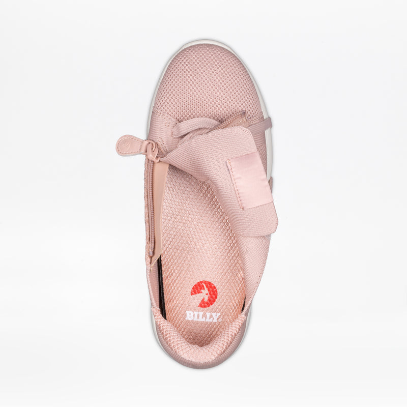 The Women's Blush BILLY Comfort Knit sneaker by BILLY Footwear is shown from above, featuring a medial zipper for easy access. The breathable insole displays a red BILLY logo.