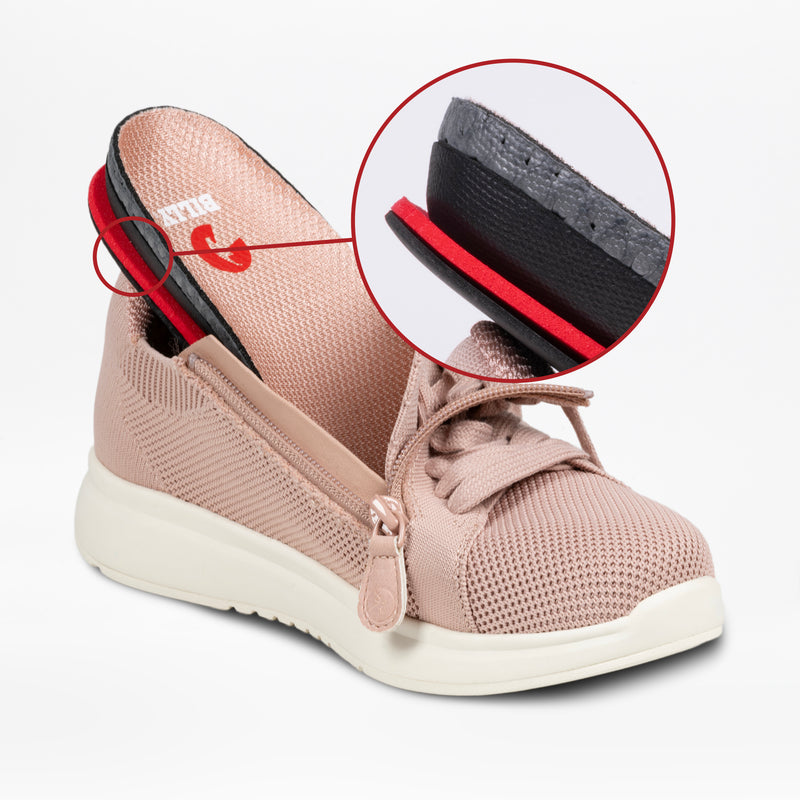 The Women's Blush BILLY Comfort Knit sneaker by BILLY Footwear features a medial zipper, breathable design, removable insole, and a cushioned heel with black, red, and grey layers for support.