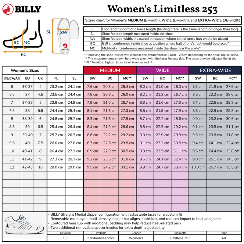 Billy Women's Limitless 253 shoe size chart with measurement guide