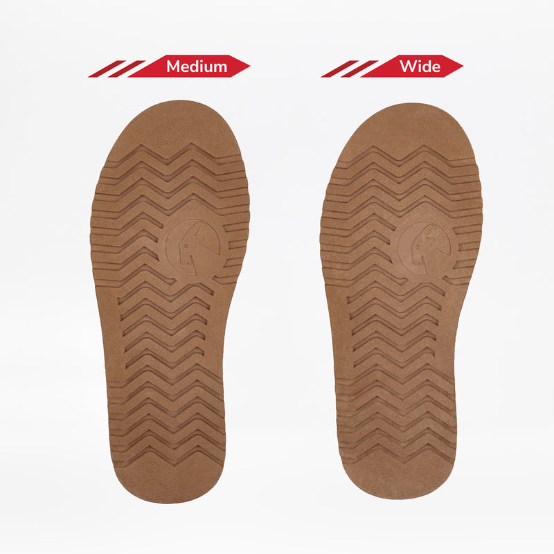 Two brown flannel-lined insoles, labeled Medium and Wide, are displayed side by side on a white background to show width and tread pattern differences—ideal for your Women's Chestnut BILLY Cozy II boots by BILLY Footwear.