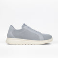 A grey Women's Comfort Knit sneaker by BILLY Footwear with a white sole, shown in profile on a white background. This low-top, breathable shoe features a perforated design and a medial zipper.