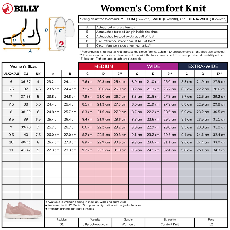 A sizing chart for BILLY Footwear's Women's Grey BILLY Comfort Knit shoes shows US/CA/AU, UK, EU sizes, foot length, and ball of foot circumference for Medium, Wide, and Extra-Wide widths; a pink sneaker appears in the corner.