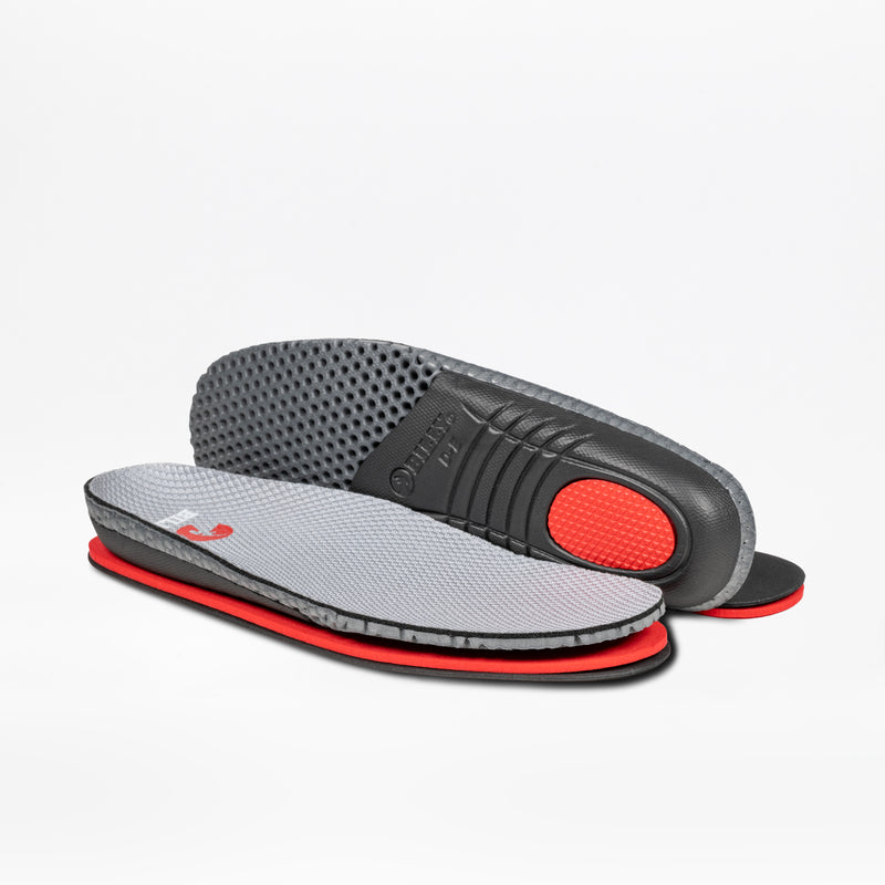 A pair of Women's Grey BILLY Limitless insoles from BILLY Footwear are shown—one facing up and one down—to highlight the textured sole and cushioned heel, ideal for easy-on, easy-off shoes.