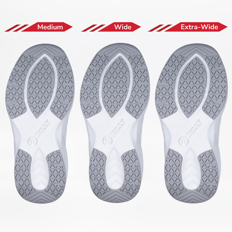 The Women's Grey BILLY Limitless shoes from BILLY Footwear are shown in Medium, Wide, and Extra-Wide. Gray and white soles with matching treads highlight the adjustable depth design for a comfortable fit.