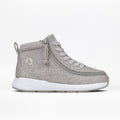 The Women's Grey Jersey BILLY Goat Classic High by BILLY Footwear is a wide width, light gray high-top sneaker with a textured finish, side zipper, lace-up front, heel pull tab, and white rubber sole, displayed on a white background.