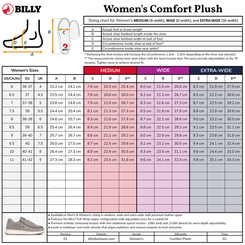Sizing chart for BILLY Footwear’s Women’s White Leather BILLY Comfort Plush shoes shows US, CA, EU & UK sizes, footbed lengths, ball & heel circumferences, medium to extra-wide widths, a wraparound zipper diagram, and a product photo.