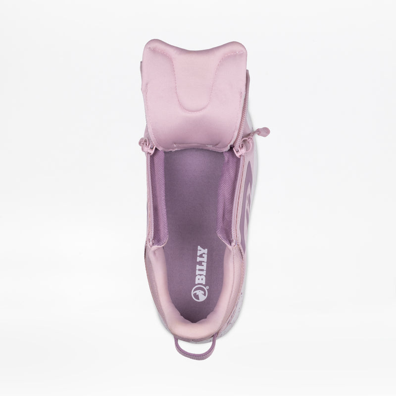 Top view of the Women's Mauve/White/Plum BILLY Sport Inclusion DZ1 by BILLY Footwear, showing an open zipper, folded-down tongue, and purple insole with white BILLY logo—a stylish and functional athletic sneaker with easy-access design.