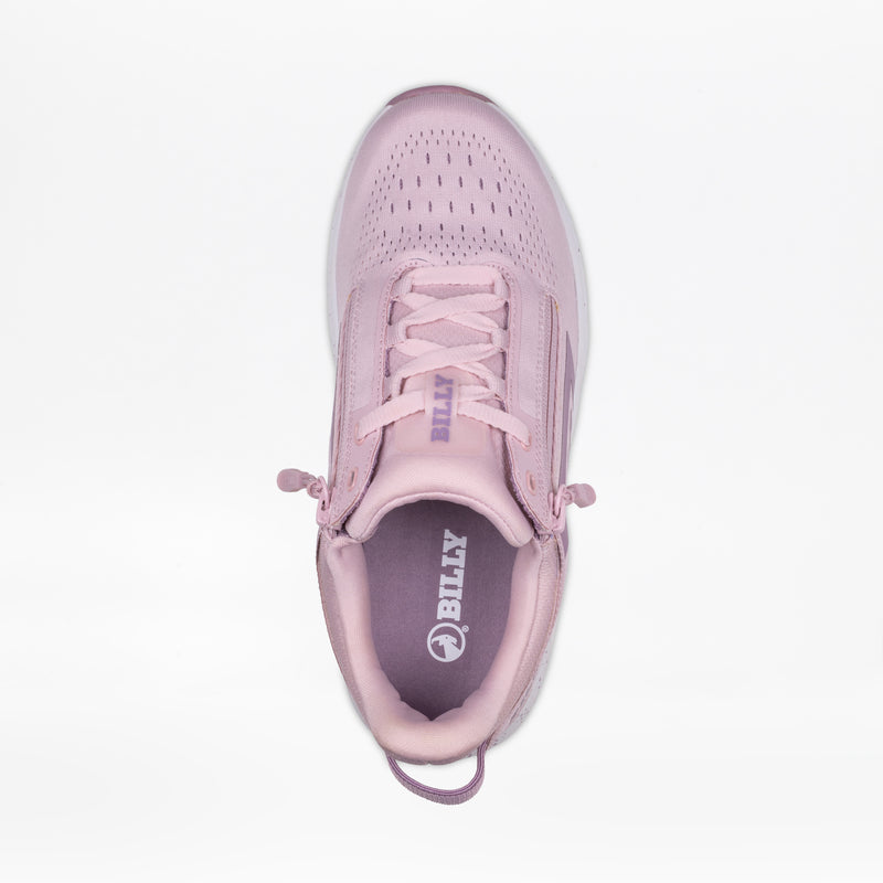 Top view of a single Women's Mauve/White/Plum BILLY Sport Inclusion DZ1 sneaker by BILLY Footwear, featuring a light pink color, zipper closure, no laces, and branded tongue, on a plain white background.