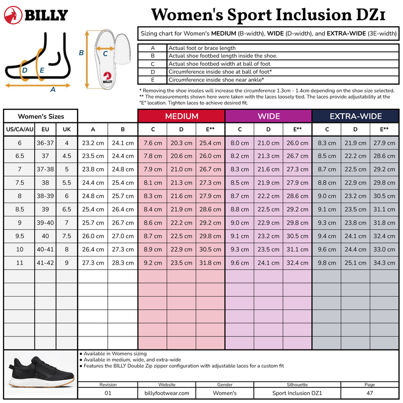 A BILLY Footwear women’s shoe sizing chart for the Mauve/White/Plum BILLY Sport Inclusion DZ1 shows US, UK, EU sizes, centimeter foot lengths, width options (Medium, Wide, Extra-Wide), and a diagram on measuring foot length and width.