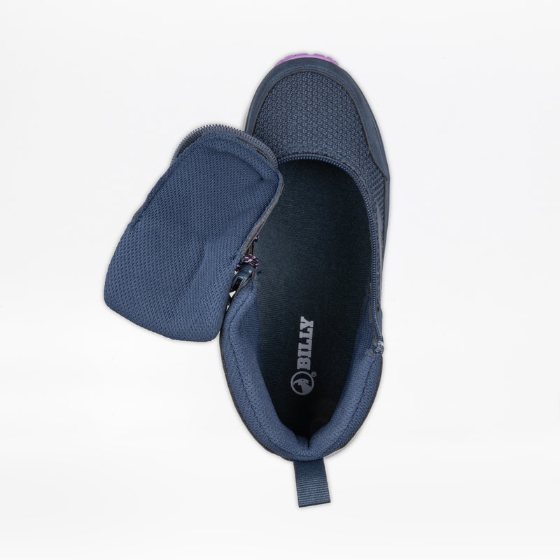 A Women's Navy/Purple BILLY Inclusion Trail Boot by BILLY Footwear is shown from above, with the upper unzipped and folded open to display the interior and insole, emphasizing its easy on/off zipper and hiking-inspired style.
