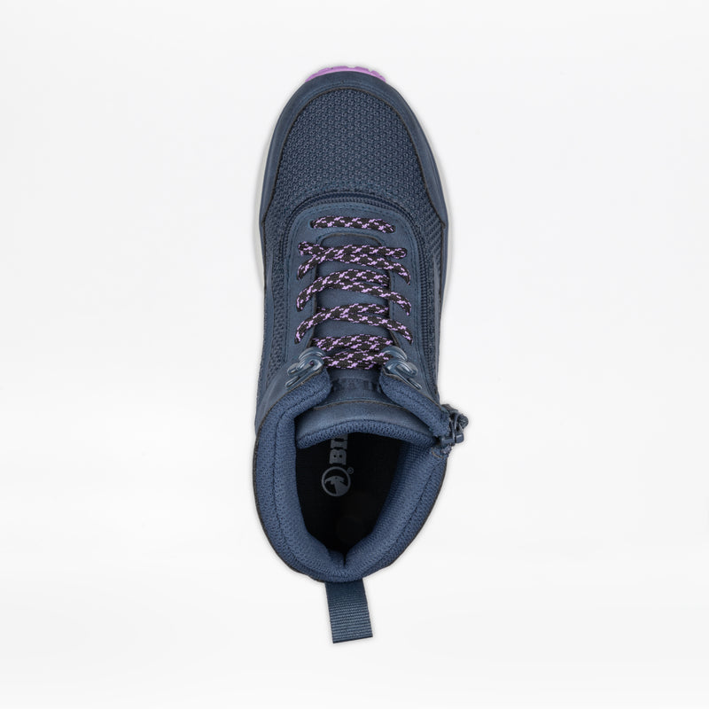 Top view of the Women's Navy/Purple BILLY Inclusion Trail Boot by BILLY Footwear, with purple and white patterned laces, textured toe, hiking-inspired design, side zipper for easy on/off, heel fabric loop, on a plain white background.
