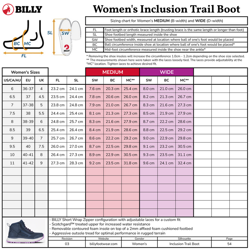 Billy Women's Inclusion Trail Boot size chart with boot illustration and measurement details.