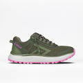 The Women's Olive/Pink BILLY Inclusion Trail by BILLY Footwear features a mesh upper, pink accents, white and pink sole, easy on/off zipper, and "BILLY" in pink on the heel. Inspired by hiking for style and accessibility.