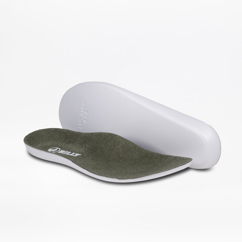 A pair of orthotic insoles for BILLY Footwear Women's Olive/Pink BILLY Inclusion Trail shoes—one displays a textured green upper with white branding, the other a plain white underside. Both are shown against a white background.