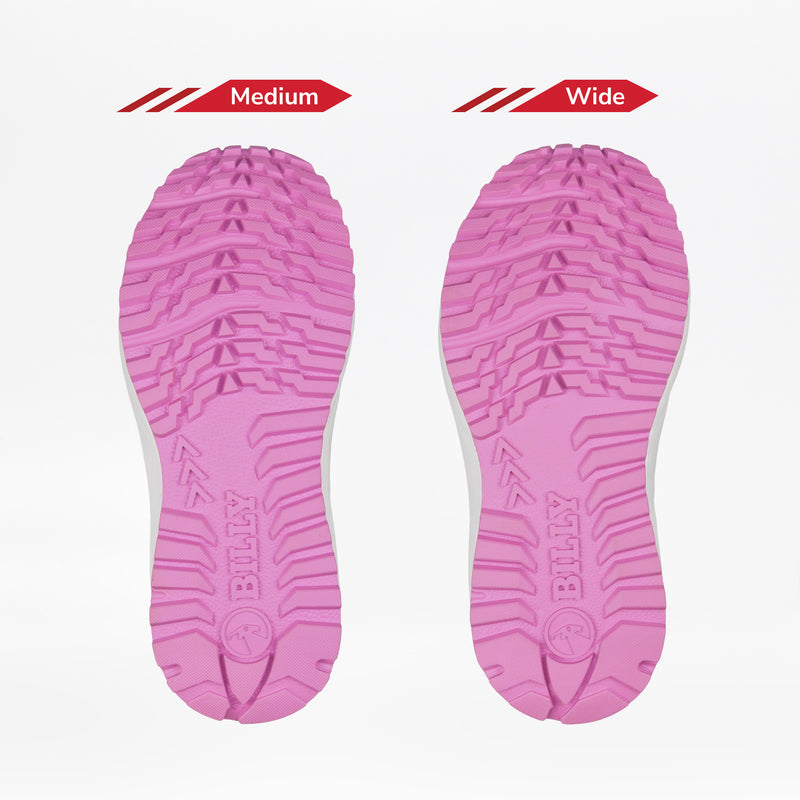 Two olive/pink Women's BILLY Inclusion Trail shoe soles by BILLY Footwear are shown side by side on a white background, labeled Medium and Wide, showcasing width options for these hiking-inspired sneakers with easy on/off zippers.