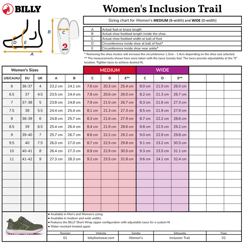 The BILLY Footwear women's Purple/Mint Inclusion Trail sizing chart lists US, UK, and EU sizes, foot lengths (cm), and both medium/wide widths. It features an easy-on zipper, a measuring diagram, plus a purple/mint shoe photo at lower left.