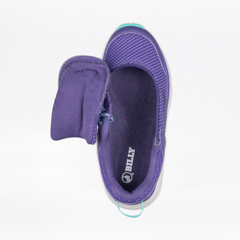Top view of a Women's Purple/Mint BILLY Inclusion Trail shoe by BILLY Footwear, showing a textured, hiking-inspired sneaker with an easy-access zipper around the toe and a heel loop, revealing the open interior.