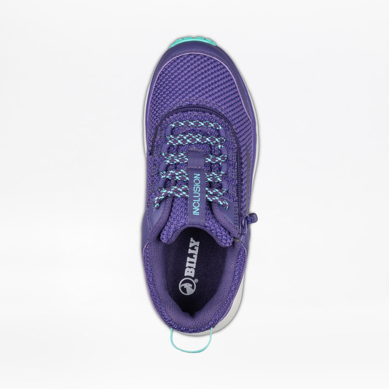 The Women's Purple/Mint BILLY Inclusion Trail by BILLY Footwear features turquoise and white laces, an easy on-off zipper, "INCLUSION" on the tongue, a textured mesh design, and the signature BILLY Footwear logo.