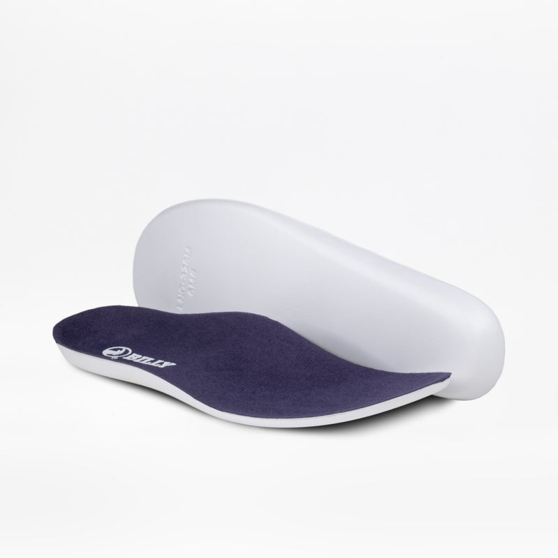 A pair of women's BILLY Footwear Inclusion Trail insoles in purple and mint, with one lying flat showing the logo and the other propped to display the underside, both on a plain white background—ideal for hiking-inspired sneakers.