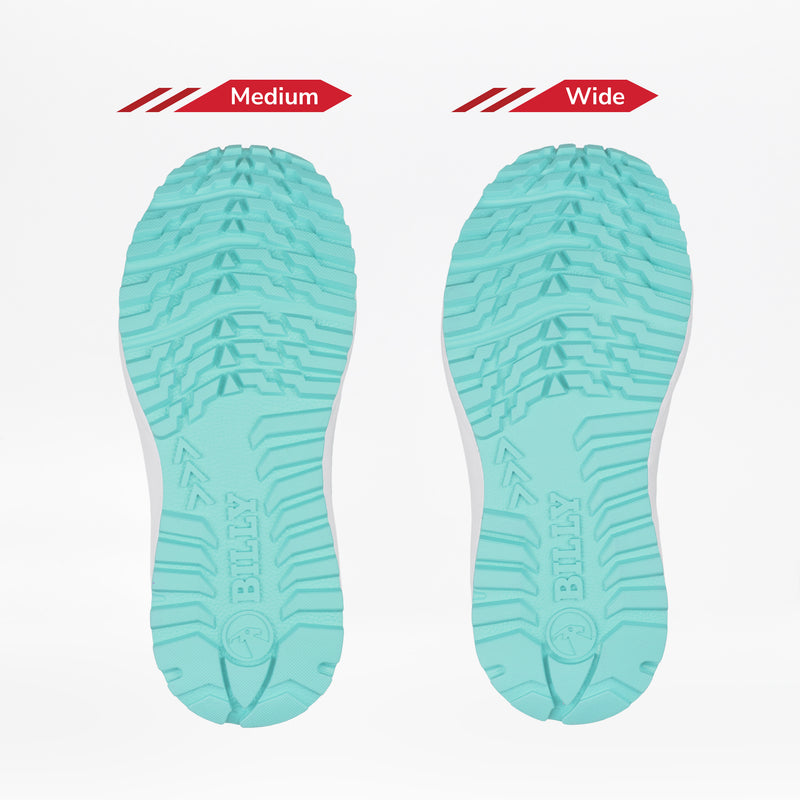 Two aqua shoe soles from the Women's Purple/Mint BILLY Inclusion Trail by BILLY Footwear are shown side by side on a white background, labeled Medium and Wide to highlight the width difference inspired by hiking style.