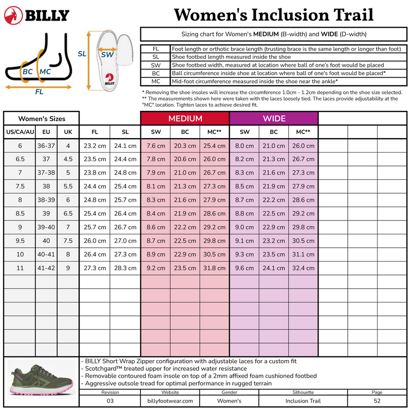 Billy Women's Inclusion Trail sizing chart for medium and wide width options.