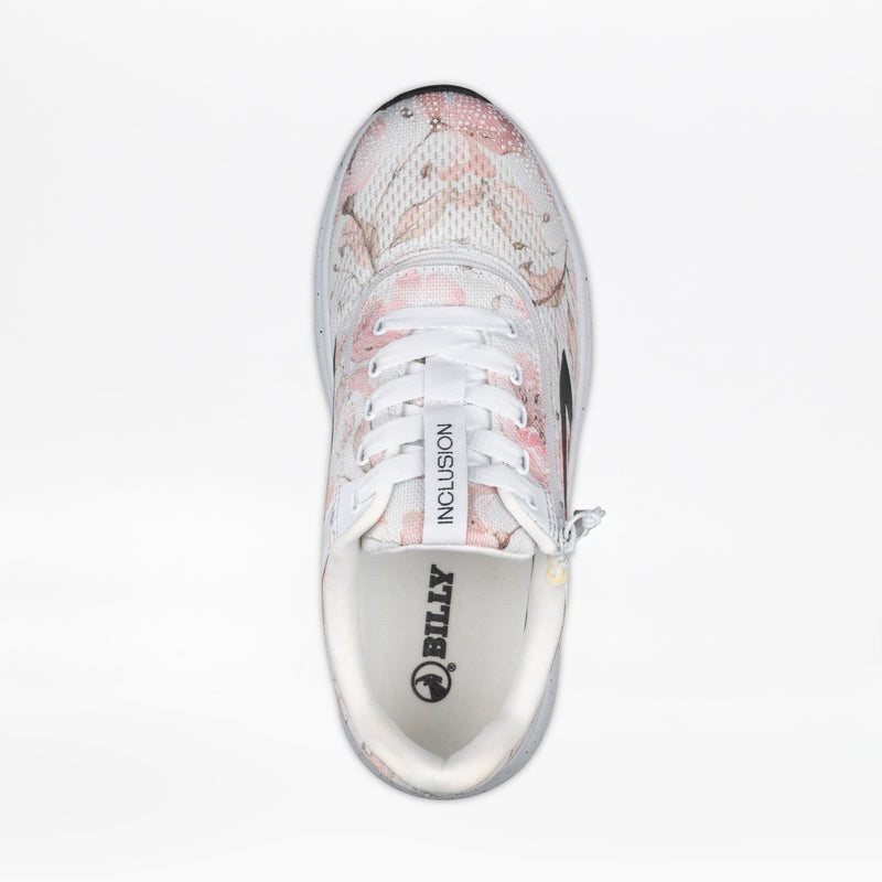 A top view of the Women's Stone Floral BILLY Sport Inclusion by BILLY Footwear, featuring pink and beige floral patterns, white laces, side zipper, cushioned insole with BILLY logo, and “INCLUSION” on the tongue.