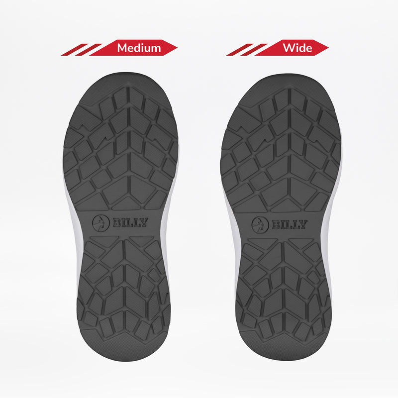 Two black shoe soles for the Women's Stone Floral BILLY Sport Inclusion by BILLY Footwear are shown side by side, labeled “Medium” and “Wide.” Both feature a geometric tread and "BILLY," fitting women's athletic zipper shoes with cushioned insoles.