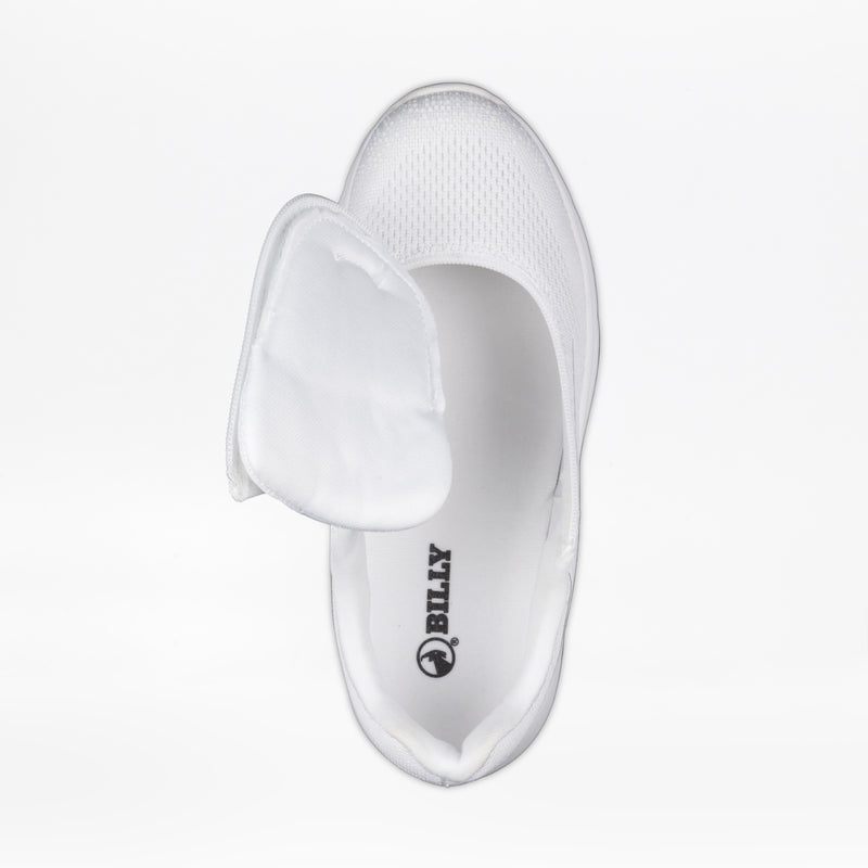 Top view of the Women's White BILLY Sport Inclusion shoe by BILLY Footwear with the zipper flap open left, showing the cushioned insole labeled "BILLY Sport Inclusion" on a white background.