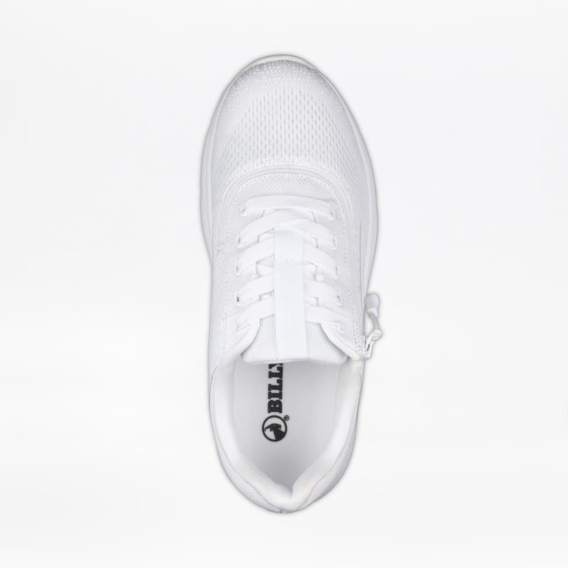 Top view of the Women's White BILLY Sport Inclusion athletic zipper shoe by BILLY Footwear, featuring a cushioned insole, mesh fabric, and the BILLY Sport Inclusion logo on the insole, displayed on a white background.