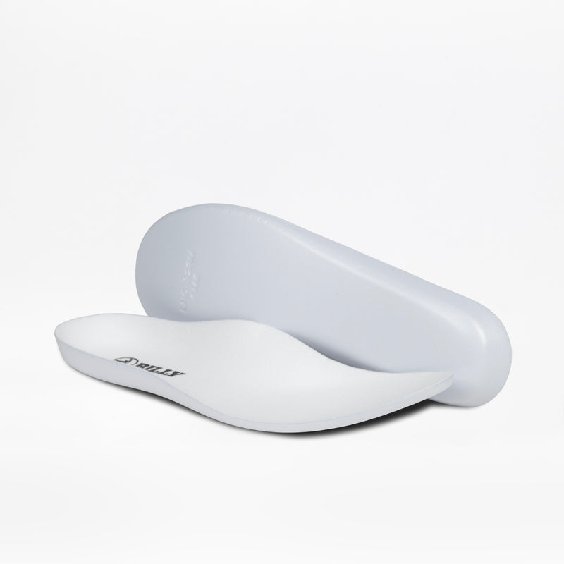 A pair of white cushioned insoles, one facing up and one down, displayed on a plain background. Designed for comfort in Women's White BILLY Sport Inclusion athletic zipper shoes by BILLY Footwear.
